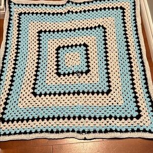 Handmade Crochet Blanket in Blue, Black, and White